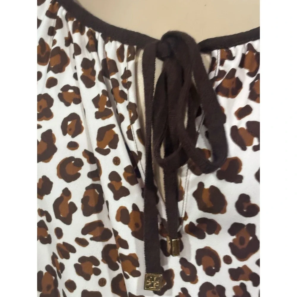 Tory Burch Brown White Leopard Long Sleeve Bubble Hem Blouse Old Money Preppy L